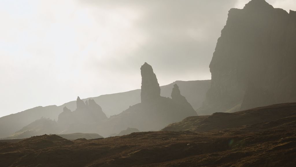 Travel destinations in Scotland: misty view of the Old Man of Storr on the Isle of Skye